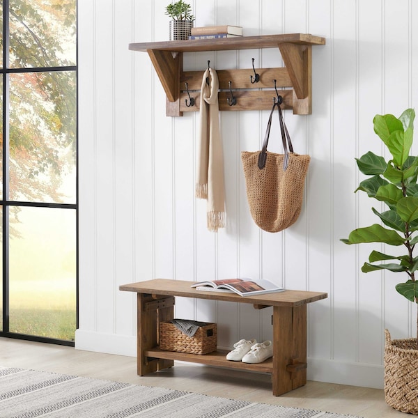 Alaterre Furniture Bethel Acacia Wood 40"W Bench and Coat Hook with Shelf ANTR032930 - main